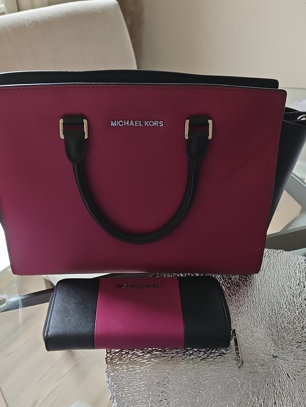 Michael Kors Magenta and Black Tote with Matching Wallet